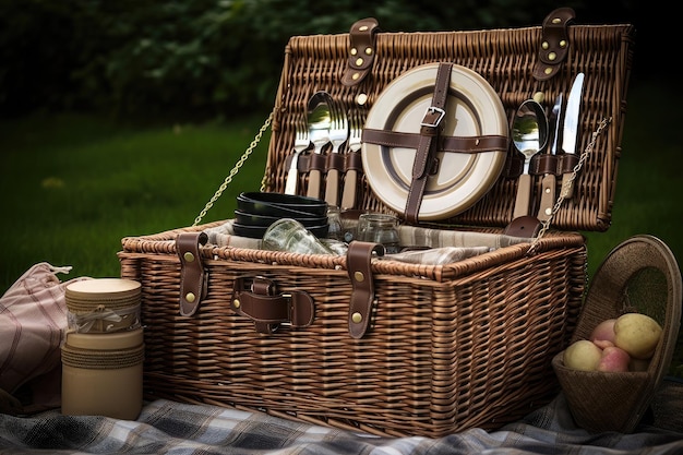 Panier de pique-nique ultime avec tous les éléments essentiels, y compris des assiettes, des verres, des serviettes, des ustensiles.