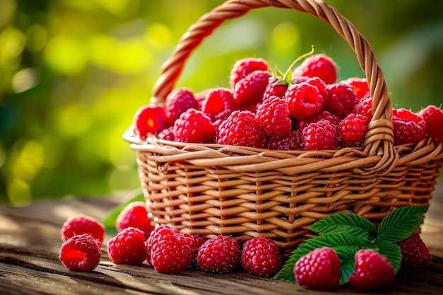 Un panier plein de framboises rouges avec des feuilles vertes parmi elles