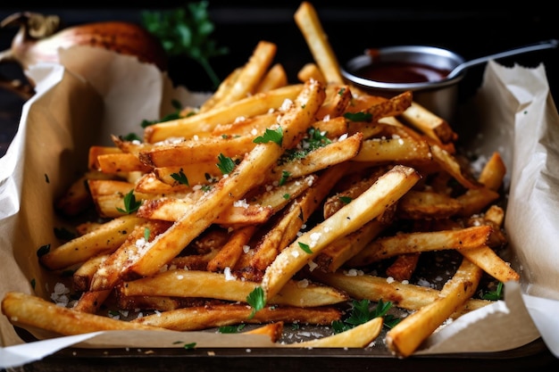 Panier plein de frites dorées saupoudrées de sel et de poivre créées avec une IA générative