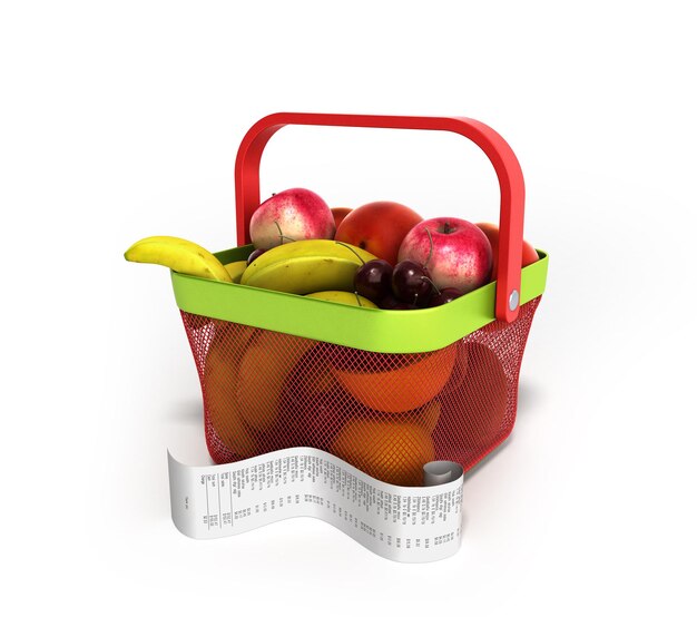 panier plein de fruits frais avec un chèque illustration 3D sur gradient gris