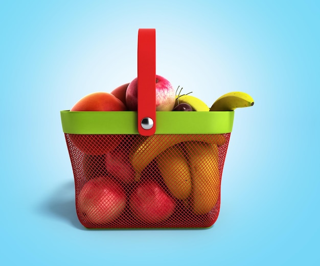 panier plein de fruits frais illustration 3d sur dégradé bleu