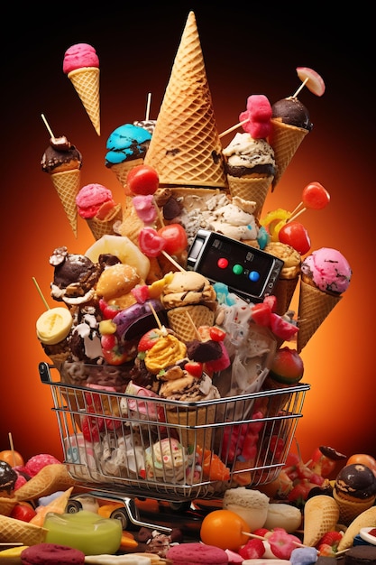 un panier plein de glaces avec un téléphone dessus