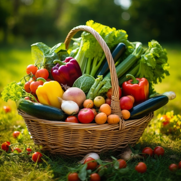 Un panier plein de légumes frais sur l'herbe dans le jardin IA générative