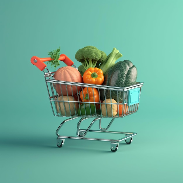 Panier plein de légumes illustration 3d du concept de magasinage