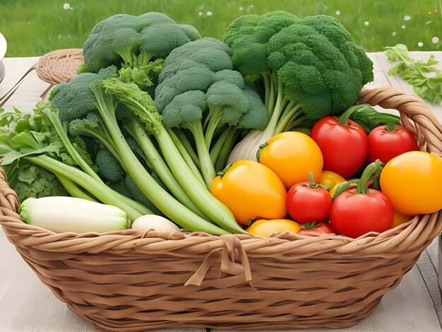 Photo un panier plein de légumes sains sur un fond naturel