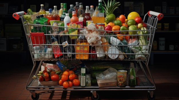 Panier plein de nourriture et de boissons et étagères de supermarché derrière le concept d'épicerie