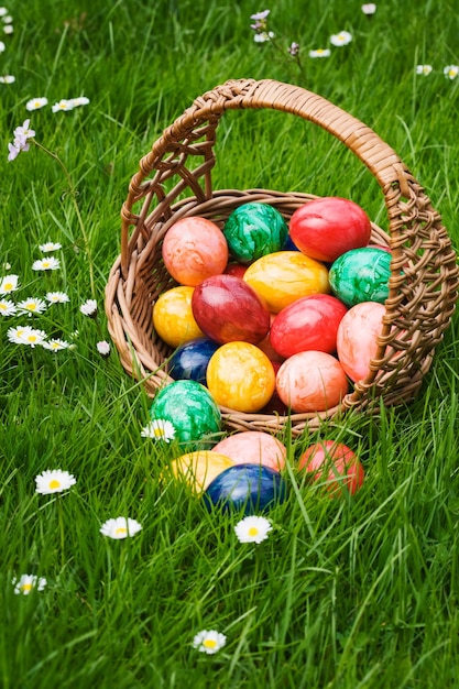 Panier plein d'oeufs de Pâques dans l'herbe