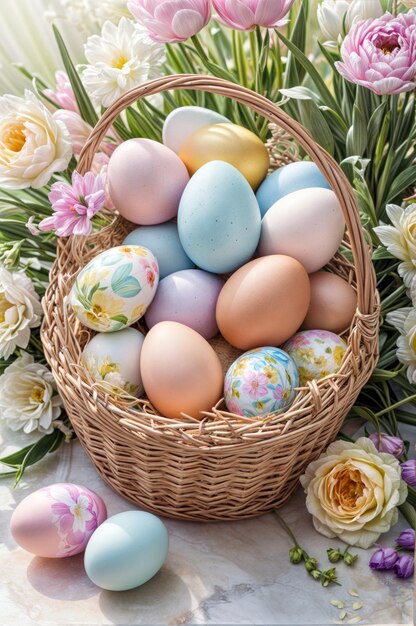 Un panier plein d'œufs de Pâques avec des fleurs en arrière-plan