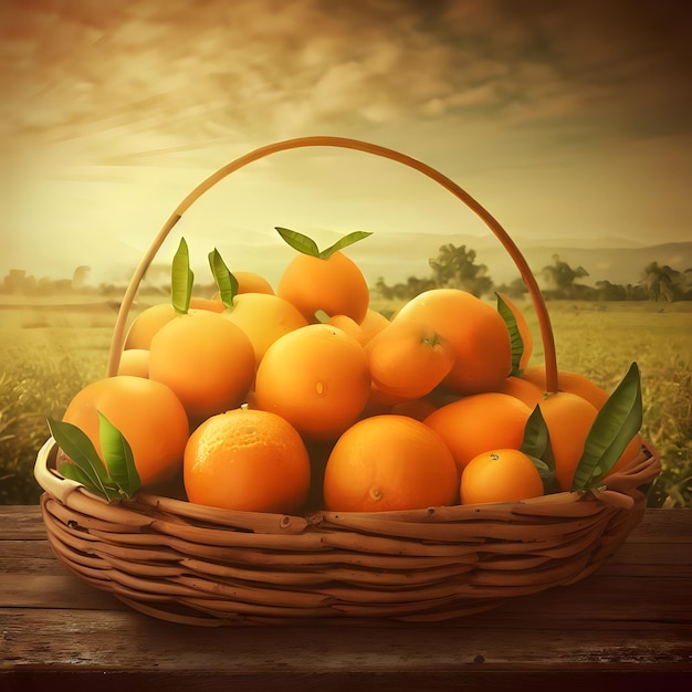 Un panier plein d'oranges et de citrons frais dans le jardin