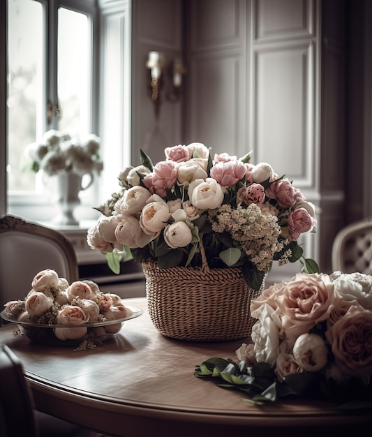 Un panier plein de roses Belles décorations Geenrative Ai
