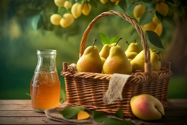 Panier de poires à côté d'une bouteille de cidre de pomme Generative AI