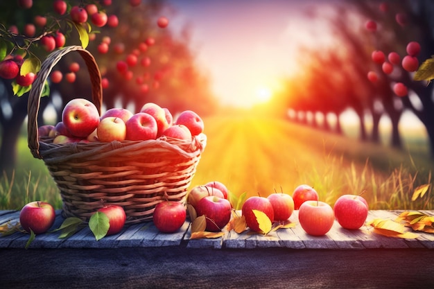 Panier de pommes assis sur une table à côté d'un tas de pommes AI générative