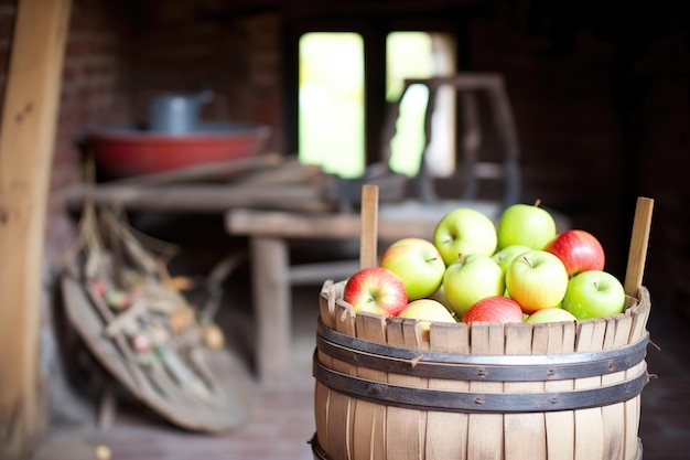 Un panier de pommes à côté d'une presse à cidre