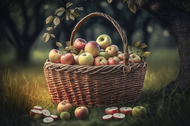 Panier avec des pommes dans le jardin d'été Illustration Generative AI