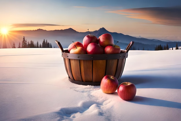 Un panier de pommes dans la neige avec des montagnes en arrière-plan