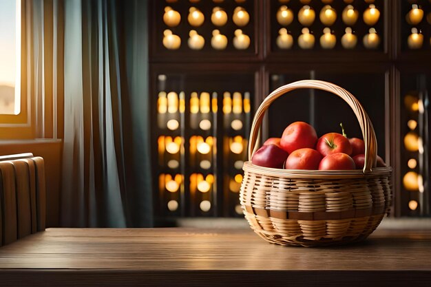 Un panier de pommes est posé sur une table devant un mur avec une bougie allumée derrière.