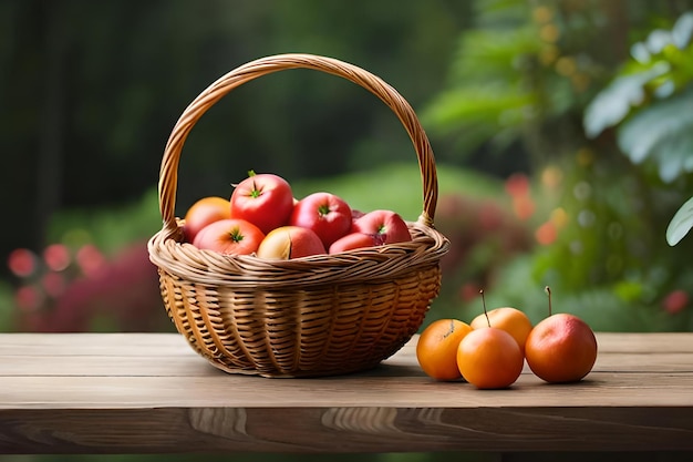 Un panier de pommes est posé sur une table avec un fond vert.