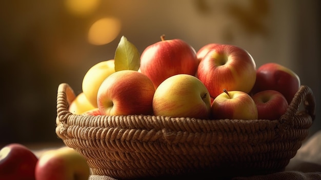 Un panier de pommes avec une feuille sur le côté