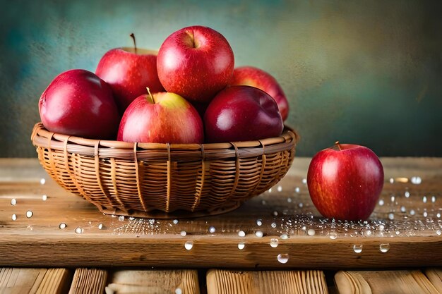 Un panier de pommes avec des gouttes d'eau sur une table.