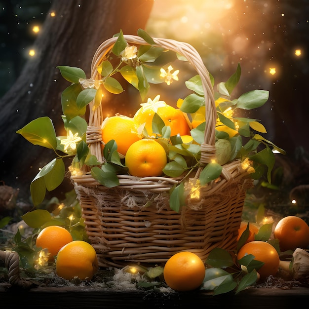 Un panier de pommes et d'oranges fraîchement cueillies avec des feuilles encore attachées. Guirlande lumineuse