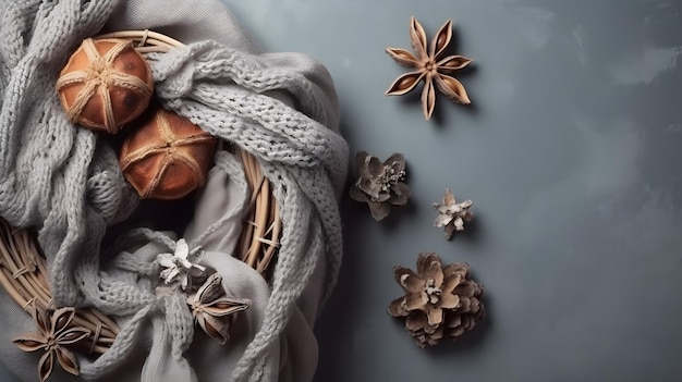 Un panier de pommes de pin et un sapin de Noël en bois