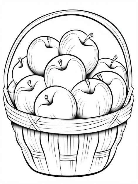 Un panier de pommes prêt à être coloré magique automne page de coloriage d'automne en noir et blanc