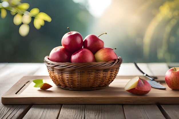 panier de pommes sur une table avec un arrière-plan flou