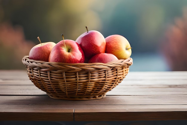un panier de pommes sur une table en bois avec un arrière-plan flou.