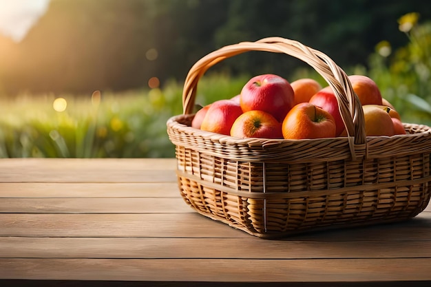 Panier de pommes sur une table en bois devant un champ