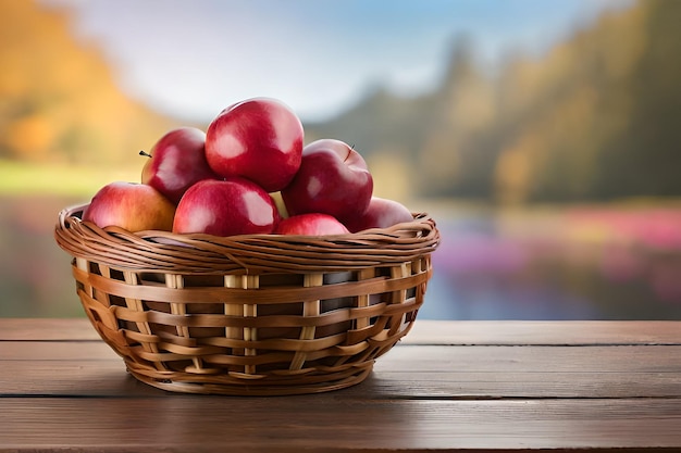 panier de pommes sur une table en bois avec un lac en arrière-plan