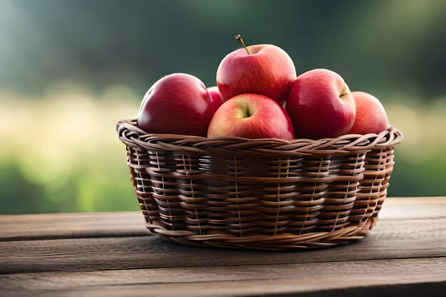 un panier de pommes sur une table en bois