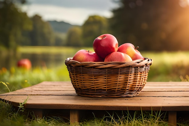 Un panier de pommes sur une table dans l'herbe