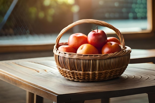 Panier de pommes sur une table avec une fenêtre derrière