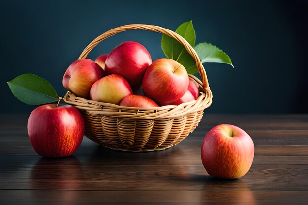 Un panier de pommes sur une table avec un fond bleu