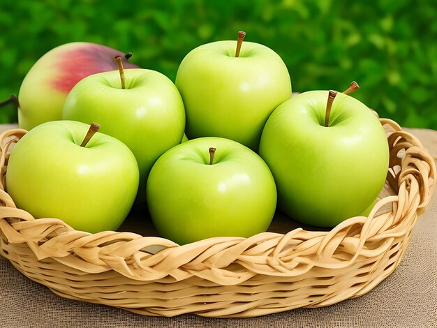 Un panier de pommes sur une table avec un fond vert naturel