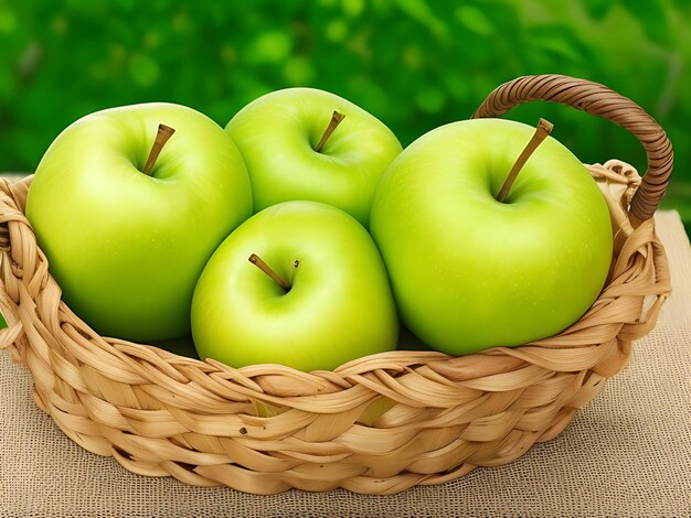 Un panier de pommes sur une table avec un fond vert naturel