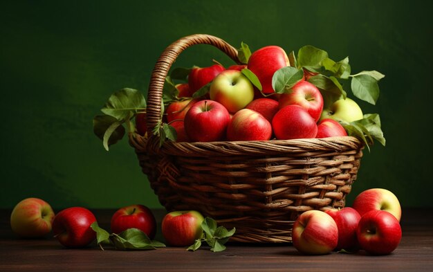 Un panier de pommes sur une table avec un fond vert