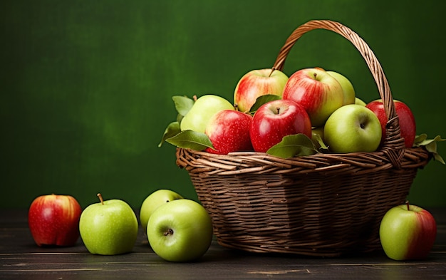 Un panier de pommes sur une table avec un fond vert