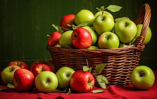 Un panier de pommes sur une table avec un fond vert