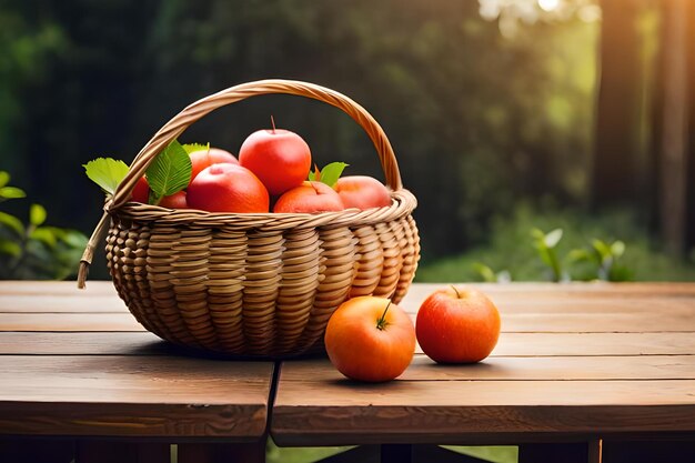 Panier de pommes sur une table avec un fond vert