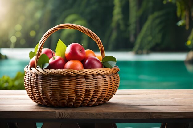 Un panier de pommes sur une table avec un lac en arrière-plan