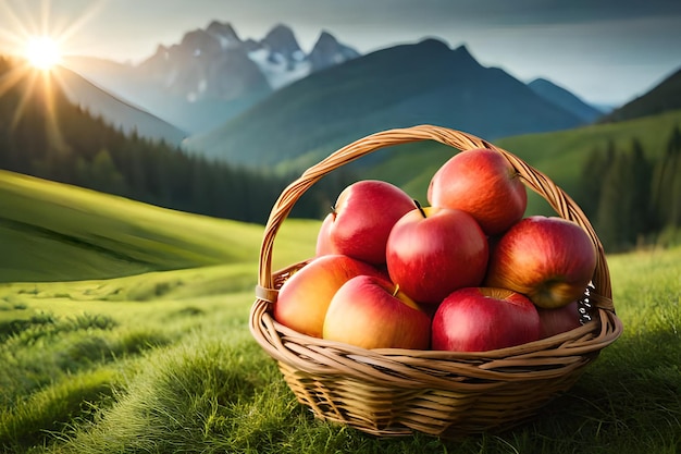 Un panier de pommes sur un terrain herbeux avec des montagnes en arrière-plan