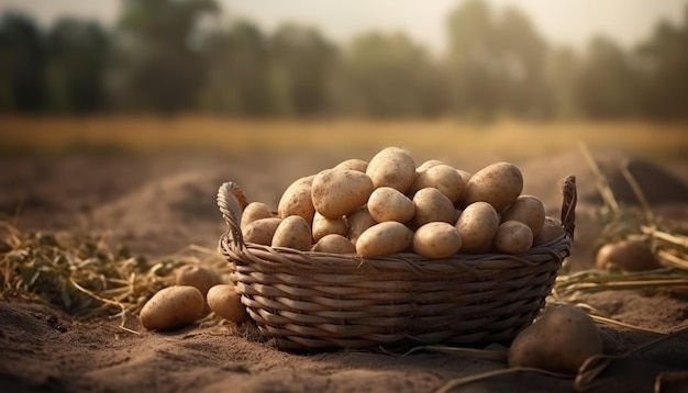 Un panier de pommes de terre sur une table rustique de fond de champ de pommes de terre Generative AI