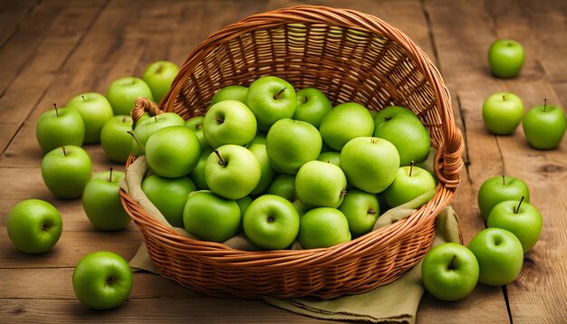 Photo un panier de pommes vertes avec un panier brun de pommes vert