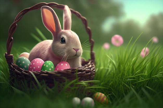 Panier sur le pré Mignon petit lapin de Pâques Oeufs de Pâques AI générative