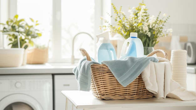 Un panier avec des produits de nettoyage sur une table blanche en gros plan dans la salle de bain