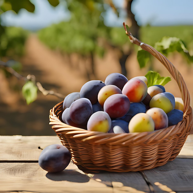 un panier de prunes est assis sur une table en bois