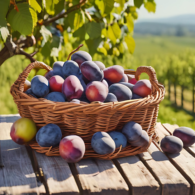 un panier de prunes est assis sur une table en bois