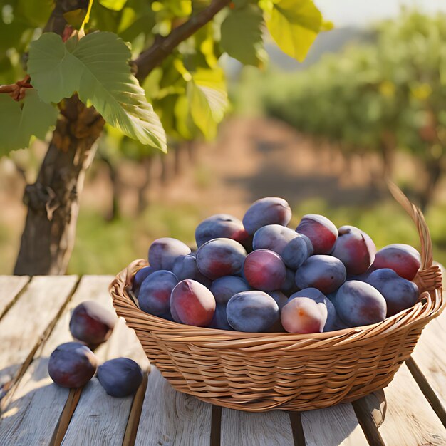 un panier de prunes est assis sur une table dans une vigne