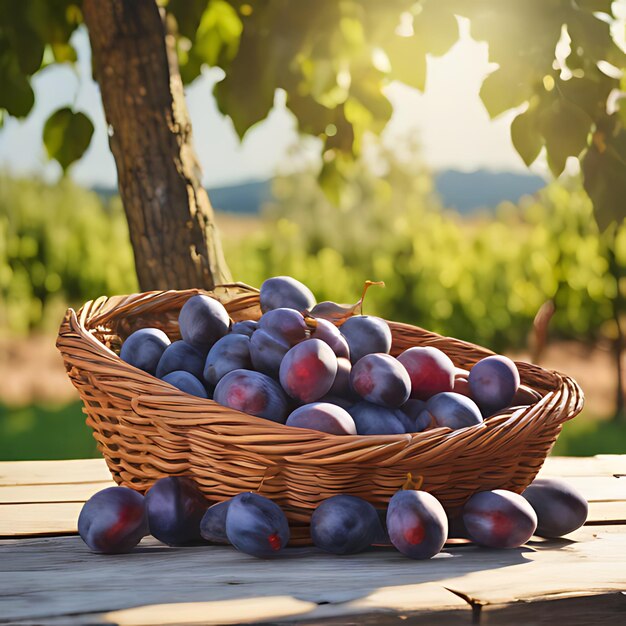 Photo un panier de prunes est assis sur une table à l'extérieur